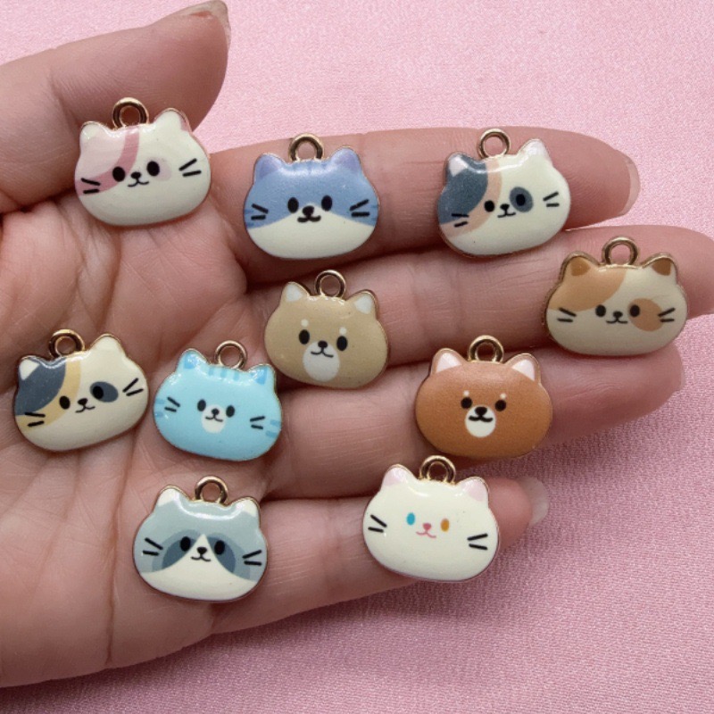 Jewelry Making Pendants - 12 adet Baskılı Kedi Kafası Alaşım